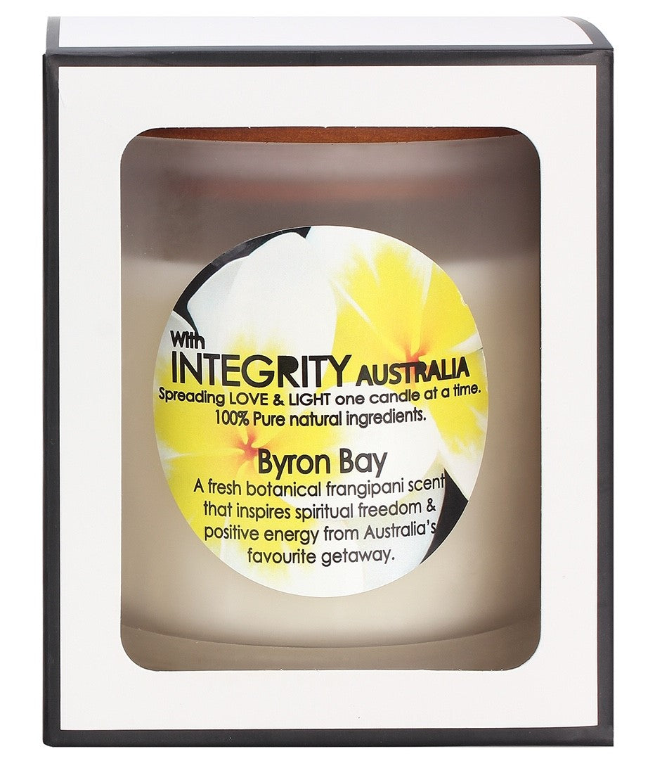 Byron Bay-Frangipani  Scented (XL Frosted Glass w/Wooden Lid)